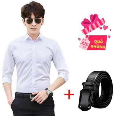 Combo Áo Sơ Mi Nam Dài Tay Tặng Thắt Lưng Đen Thời Trang Áo Thun Nam Poniva Chất Kate Mềm Và Thoáng Mát