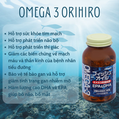 Viên Uống Dầu Cá Fish Oil Bổ Mắt, Bổ Não, Hỗ Trợ Tim Mạch Omega 3 Orihiro 180 Viên Nhật Bản