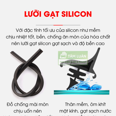 Gạt mưa ô tô silicon Tâm Luân, KHÔNG XƯƠNG - Thân mềm, gạt sạch - không tiếng ồn - độ bền cao - không bị oxi hoá, độ bền lên đến 10 năm