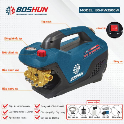 Máy Rửa Xe Chỉnh Áp BOSHUN BS-PW3500W, Công Suất 3500W, Có Chỉnh Áp, Dây Xịt Dài 15M