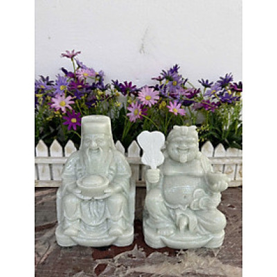 Bộ tượng thờ hai ông Tài Địa Thần Tài Thổ Địa đá cẩm thạch trắng xanh - Cao 15 cm