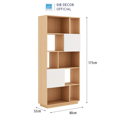 Kệ Sách Gỗ Nhiều Ngăn Kèm 2 Cánh Mở Màu Trắng Phối Oak SIB Decor KSG26