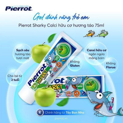 [ Mua 2 tặng 1 set kit ] Gel đánh răng trẻ em Pierrot Sharky Calci hữu cơ hương táo 75ML