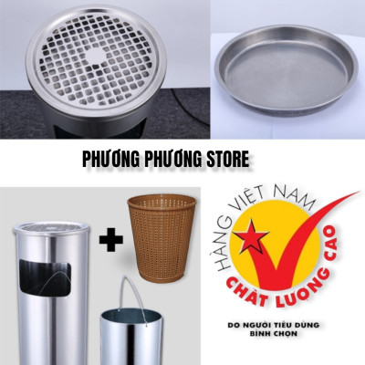 Thùng rác inox tròn, thùng rác inox gạt tàn tròn cao cấp ( Tặng sọt tròn mây )