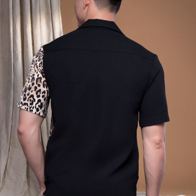 Áo sơ mi danton đen xô cát phối beo LM112453 [BST Da Beo]