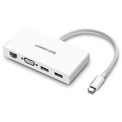 Ugreen UG40378MM135TK 15CM màu Trắng Bộ chuyển đổi TYPE C sang 2 USB 3.0 + VGA + LAN bọc nhựa ABS - HÀNG CHÍNH HÃNG