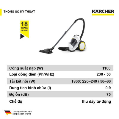 (Hàng chính hãng) Máy hút bụi khô không dùng túi lọc bụi Karcher VC 3 Plus công suất 1100w màu trắng - bảo hành 18 tháng