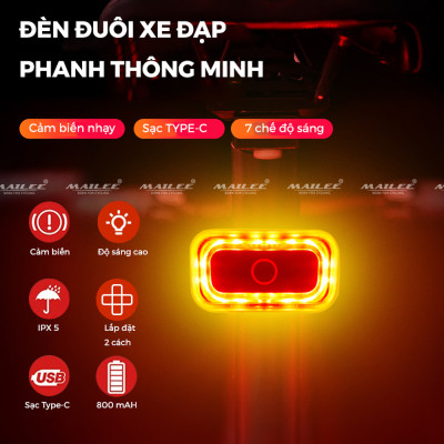 Đèn Sau Xe Đạp Có Cảm Biến Phanh và Chuyển động A07, 16 bóng LED, 7 chế độ sáng, tự động tắt khi không sử dụng, 800 mAH, sử dụng lên đến 35h - Mai Lee