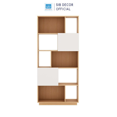 Kệ Sách Gỗ Nhiều Ngăn Kèm 2 Cánh Mở Màu Trắng Phối Oak SIB Decor KSG26