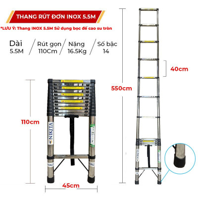 Thang Nikita rút đơn inox, chân tròn có rãnh chống trượt, an toàn, dễ di chuyển.