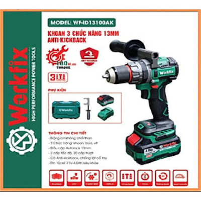 Máy Khoan 3 Chức Năng 100N.m Workfix - ID13100AK - Đầu Kẹp 13mm Auto Lock - Chống Lật Cổ Tay - Brushless Motor - Chân Pin Phổ Thông - 2 Pin 21V/4Ah PLUS - Có Tay Cầm Trợ Lực