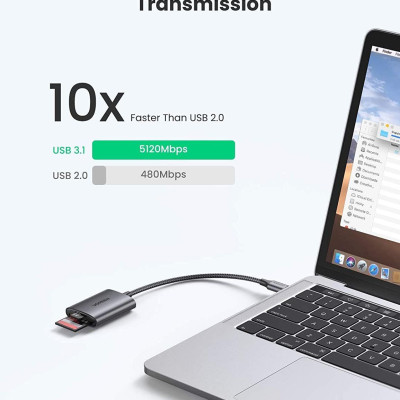 Ugreen 80888 SD/TF chuẩn USB 3.1 Type C Đầu đọc thẻ nhớ vỏ nhôm cao cấp Ugreen CM401 - Hàng Chính Hãng