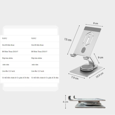 Giá đỡ hợp kim nhôm xoay 360 độ, gấp gọn điều chỉnh linh hoạt điện thoại máy tính bảng hiệu WIWU ZM107 cho iPhone iPad 16 15 11 12 13 Fold Flip S23 S24 - Hàng nhập khẩu