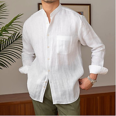 Áo sơ mi Linen dài tay nam cao cấp thiết kế cổ trụ phối cúc 1 túi ngực vải thoáng mát không bai gião MS05
