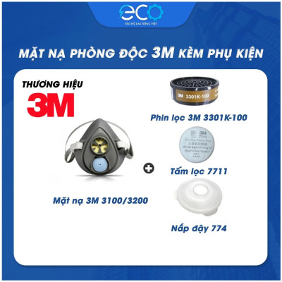 Bộ 4 món mặt nạ phòng độc 3M 3100/ 3200 + phin lọc 3M 3301K-100 + tấm lọc bụi 3M 7711 + nắp giữ tấm lọc 3M 774