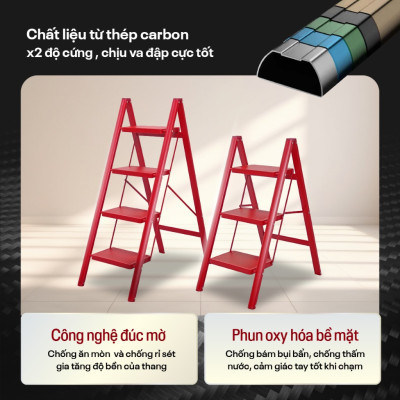 Thang ghế chữ A gấp gọn 3- 4 bậc bản to an toàn FUJIHOME nhập khẩu đa năng xếp gọn chính hãng thép Cacbon chống gỉ bền