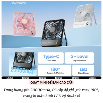 Quạt để bàn / treo đa năng turbo siêu mỏng 20.000 mAh, đèn led chiếu sáng 4 cấp độ gió,dùng làm Pin sạc dự phòng cho iphone ipad điện thoại hiệu Warmco D4 - Gió Mạnh, Êm Ái,hạn chế tiếng ồn, tích điện sạc cắm trại, du lịch, gia đình - Hàng nhập khẩu