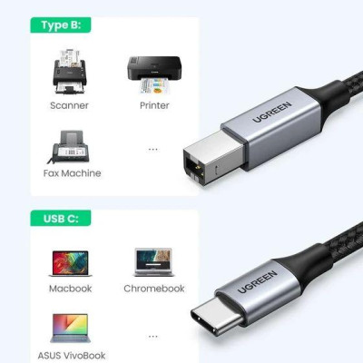 Ugreen UG80808US370TK 3M màu xám đầu nhôm cáp USB type C ra usb B máy in dây dù - HÀNG CHÍNH HÃNG