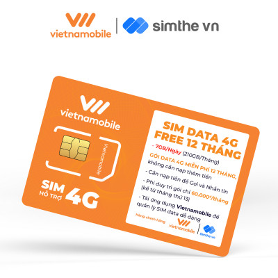 [MIỄN PHÍ 1 NĂM] SIM MAX DATA 4G VIETNAMOBILE 7GB/Ngày + FREE Gọi Nội Mạng. Trọn Gói 12 Tháng Không Cần Nạp Tiền - Hàng Chính Hãng