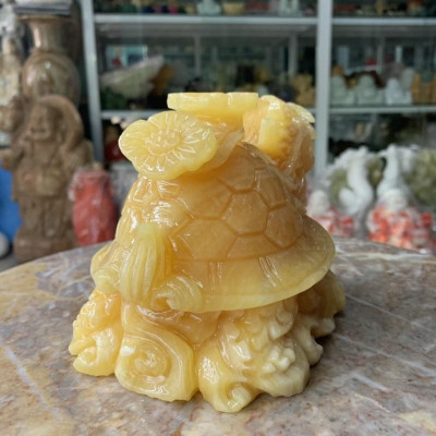 Tượng Long Quy ( Rùa đầu Rồng ) cõng gậy như ý phong thủy đá ngọc hoàng long - Dài 15 cm