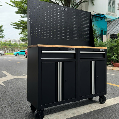 Bộ 2 Tủ dụng cụ CSPS 122cm màu đen mặt ván gỗ kèm vách lưới - 02 hộc kéo (tay cầm trắng)