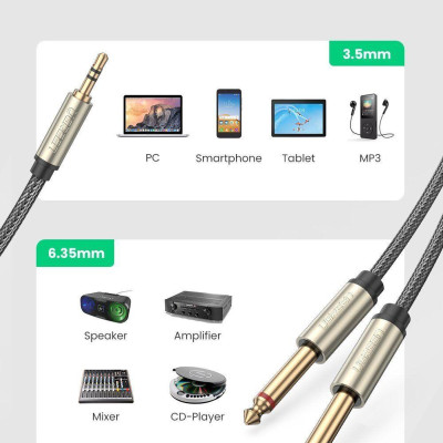 Ugreen UG10618AV126TK 3M màu xám cáp 3.5mm TRS ra 2 cổng 6.35mm TS - HÀNG CHÍNH HÃNG