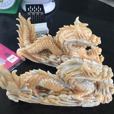 Cặp Rồng nằm phong thủy đá cẩm thạch vàng cà rốt - Dài 30 cm