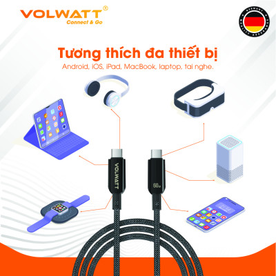 Cáp sạc nhanh 60W Volwatt GE-A35-CC hàng chính hãng | Cáp Type-C to Type-C có LED hiển thị công suất, dây nylon bền bỉ, truyền dữ liệu 480Mbps – BH 12 tháng