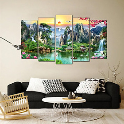 Tranh treo tường, tranh trang trí PP_ NT607 bộ 5 tấm ghép Sơn thuỷ hữu tình