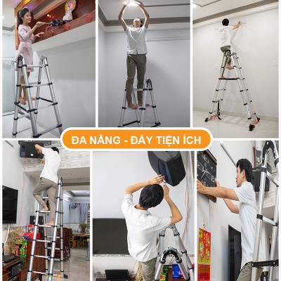 [HOT] Thang nhôm rút đôi có bánh xe di chuyển tiện lợi, thanh giằn gia cố, khóa thang 2 lớp - NIKITA