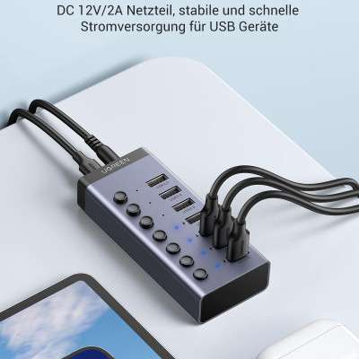 Ugreen UG90307CM481TK hub ra 7 cổng USB 3.0 + Adapter 12v-2A có hỗ trợ truyền dữ liệu và sạc có kèm dây USB type C chuẩn cắm EU chân tròn Bộ chia Màu Xám - HÀNG CHÍNH HÃNG