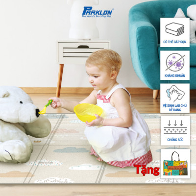 Thảm Em Bé Cao Cấp Parklon Siêu Nhẹ Họa Tiết Mây Bay Xinh Xắn Chính Hãng Hàn Quốc (200x140x1)cm Gấp Hình Zíc Zắc Chống Bụi Kháng Khuẩn Khử Mùi Chống Ồn Chống Sốc(Silky Portable Mat-Cloud Bebe-200x140x1) + Tặng Túi Đựng Tiện Lợi