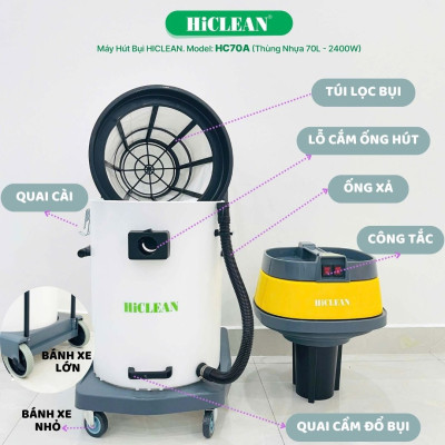 Máy hút bụi công nghiệp HiClean HC70A (thùng nhựa chống va đập, 70L) - Hàng chính hãng