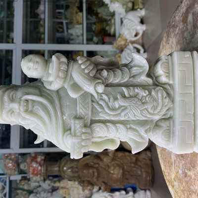 Bộ Tượng Tam Đa (Phúc Lộc Thọ) Đá Cẩm Thạch Trắng Xanh - cao 25cm