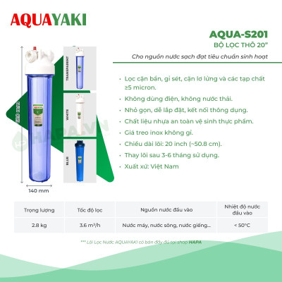 Cốc Lọc Thô 20 inch AQUAYAKI AQUA-S201 Cao Cấp, Bộ Lọc Nước Đầu Nguồn, Sinh Hoạt Gia Đình 20in - Hàng Chính Hãng