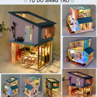 Mô hình nhà búp bê lắp ghép bằng gỗ Mẫu Biệt Thự 3 Tầng Sáng Tạo tặng kèm Cót Nhạc ,dụng cụ lắp ghép, keo silicon