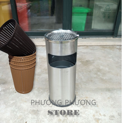 Thùng rác inox tròn, thùng rác inox gạt tàn tròn cao cấp ( Tặng sọt tròn mây )