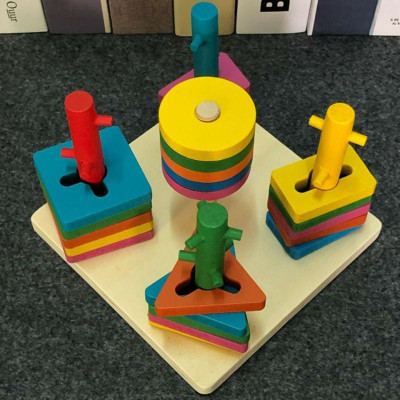 Đồ Chơi Gỗ Luyện Tay Luồn Cọc Thông Minh - Thả Hình Khối Trên 5 Cột Trụ Đa Dạng Cho Bé