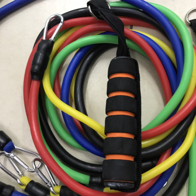 Bộ Dây Đàn Hồi Ngũ Sắc Tập Gym Đa Năng  11chi tiết, gọn nhẹ có thể mang đi lại bất kỳ nơi đâu, không bị gò bó về không gian và thời gian - tặng kèm túi đựng và hướng dẫn(móc to)