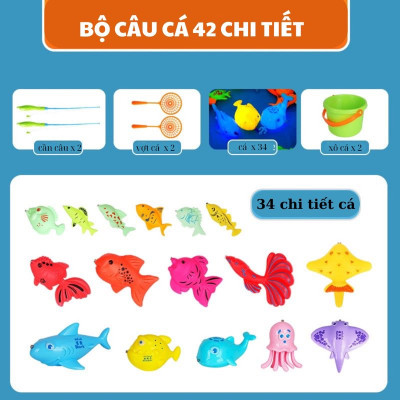 Đồ Chơi Câu Cá, SIZE ĐẠI, Bộ Câu Cá 42 Chi Tiết Cho Bé Gồm 2 Xô, 2 Cần Câu, 1 Phao, 1 Bơm Và Cá