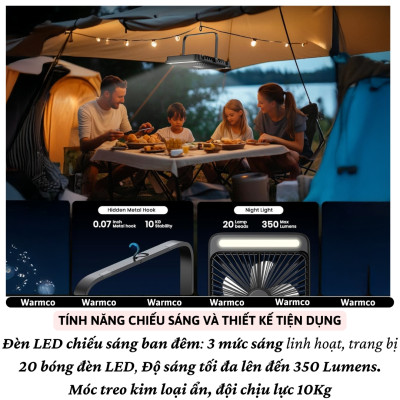 Quạt để bàn / treo đa năng turbo siêu mỏng 20.000 mAh, đèn led chiếu sáng 4 cấp độ gió,dùng làm Pin sạc dự phòng cho iphone ipad điện thoại hiệu Warmco D4 - Gió Mạnh, Êm Ái,hạn chế tiếng ồn, tích điện sạc cắm trại, du lịch, gia đình - Hàng nhập khẩu