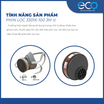 Phin lọc 3M 3301K-100 phin lọc hơi hữu cơ (hơi sơn, thuốc bảo vệ thực vật, khử trùng) dùng cho mặt nạ 3M 3100/3200
