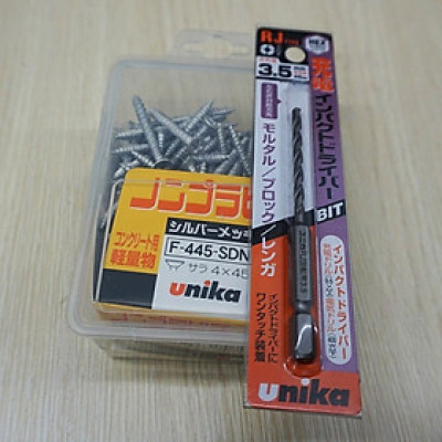 Combo Vít bê tông 4mm đầu bằng F445 & Mũi khoan tường 3.5mm đuôi lục giác Unika (không cần tắc kê nhựa)