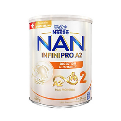 Sữa bột NAN INFINIPRO A2 2 với công thức đầu tiên kết hợp giữa đạm quý A2 & 6HMO & Dual Probiotics nhập khẩu Thụy Sĩ - Hộp 400g cho bé 12 - 24 tháng