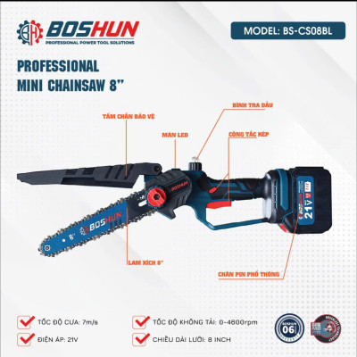 Máy Cưa Pin 8 Inch Boshun Cầm Tay - CS08 - Tốc Độ Cưa 7m/s - Không Chổi Than Cao Cấp - Chân Pin Phổ Thông 2 Pin 15 Cell 21V/6Ah