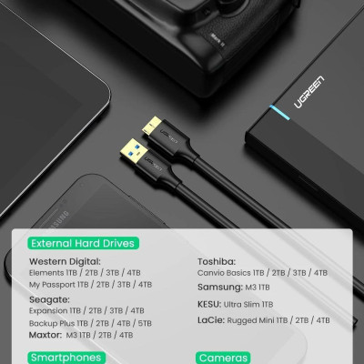 Ugreen UG10843US130TK 2M màu đen cáp USB 3.0 A ra Micro B - HÀNG CHÍNH HÃNG