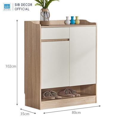 Tủ Giày Gỗ Đơn Giản, Thiết Kế 2 Cánh 1 Ngăn Kéo Màu Oak Phối Trắng Thương Hiệu SIB Decor TG28
