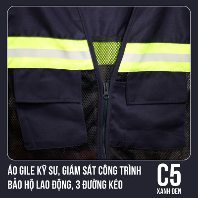 Áo Gile Kỹ Sư, Giám Sát Công Trình, Bảo Hộ Lao Động, 3 Đường Kéo - Mã C5 (Xanh Đen)