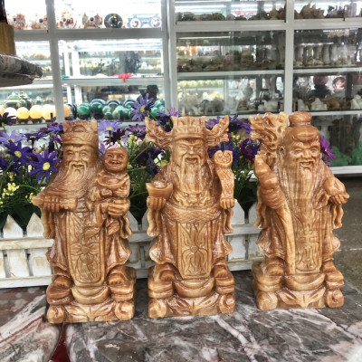 Bộ tượng Tam Đa Phúc Lộc Thọ phong thủy đá cẩm thạch vân gỗ - Cao 20 cm
