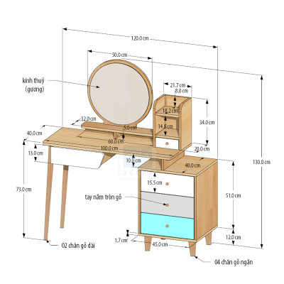 Bộ Bàn Phấn Trang Điểm Phong Cách Bắc Âu Với Chân Gỗ Hiện Đại SIB Decor BTD09 (Không Kèm Ghế)
